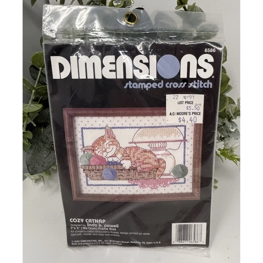 Vintage 1990 Dimensions Cozy Catnap Stamped Cross Stitch Kit Cat Yarn 6586 NOS
